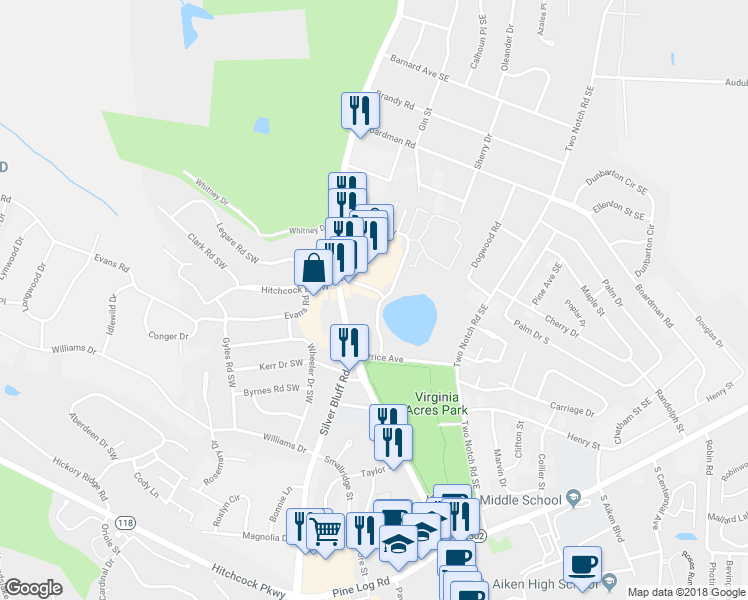 map of restaurants, bars, coffee shops, grocery stores, and more near 968 Colony Parkway in Aiken