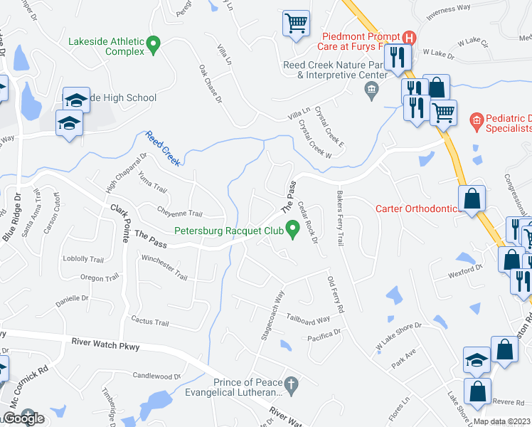 map of restaurants, bars, coffee shops, grocery stores, and more near 489 Creekwalk Circle in Augusta