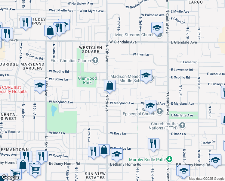 map of restaurants, bars, coffee shops, grocery stores, and more near 6543 N 7th Ave in Phoenix