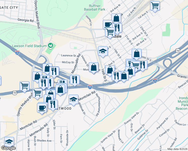 map of restaurants, bars, coffee shops, grocery stores, and more near 7952 Crestwood Boulevard in Irondale