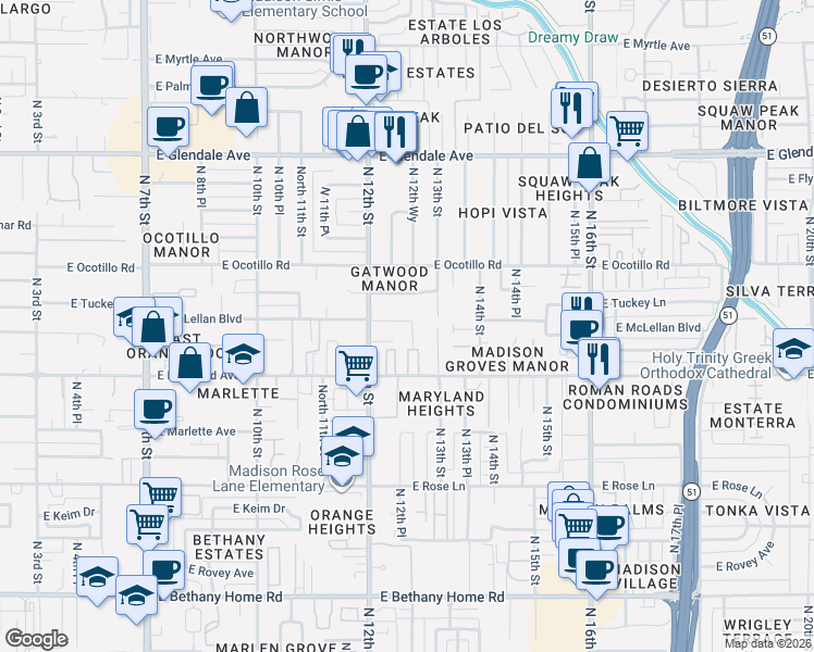 map of restaurants, bars, coffee shops, grocery stores, and more near 1231 East McLellan Boulevard in Phoenix