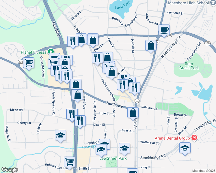 map of restaurants, bars, coffee shops, grocery stores, and more near 214 Williamson Mill Road in Jonesboro
