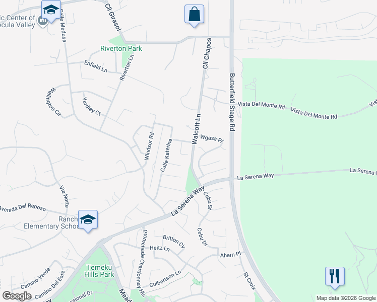 map of restaurants, bars, coffee shops, grocery stores, and more near 40556 Chantilly Circle in Temecula