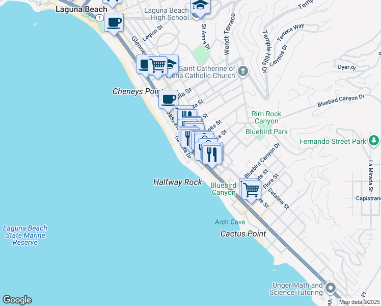 map of restaurants, bars, coffee shops, grocery stores, and more near 1259 South Coast Highway in Laguna Beach