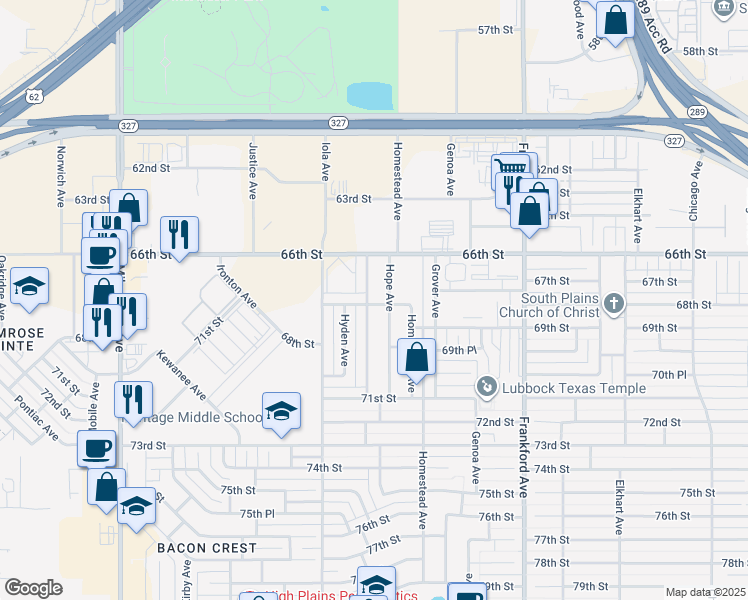 map of restaurants, bars, coffee shops, grocery stores, and more near 6619 Huron Avenue in Lubbock