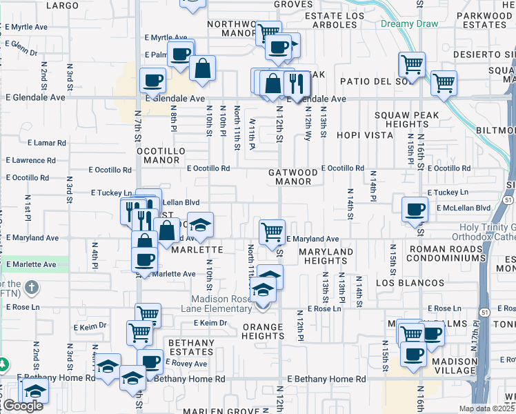 map of restaurants, bars, coffee shops, grocery stores, and more near 1115 East McLellan Boulevard in Phoenix