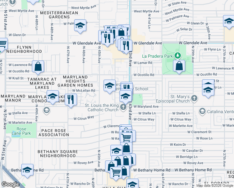 map of restaurants, bars, coffee shops, grocery stores, and more near 6553 North 44th Avenue in Glendale