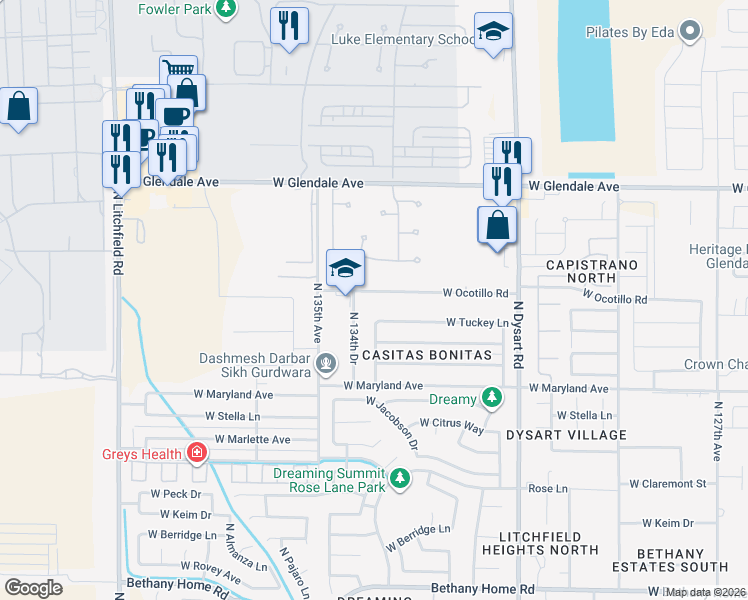 map of restaurants, bars, coffee shops, grocery stores, and more near 13341 West Ocotillo Road in Glendale