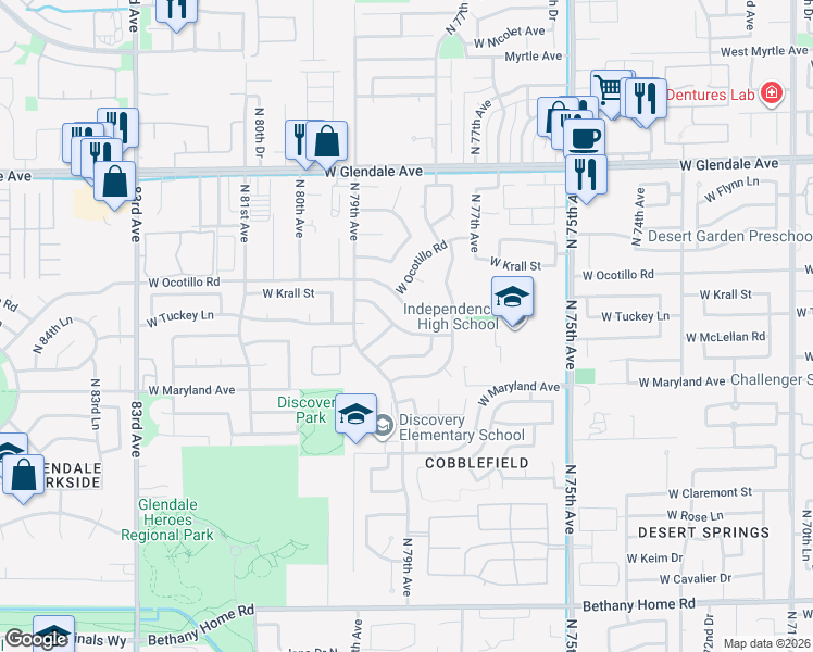 map of restaurants, bars, coffee shops, grocery stores, and more near 7844 West Krall Street in Glendale