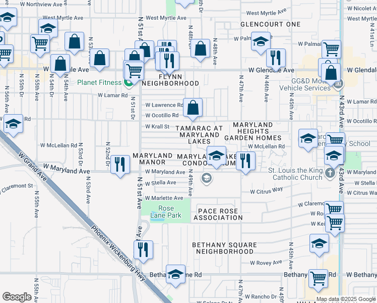 map of restaurants, bars, coffee shops, grocery stores, and more near 4901 West McLellan Road in Glendale