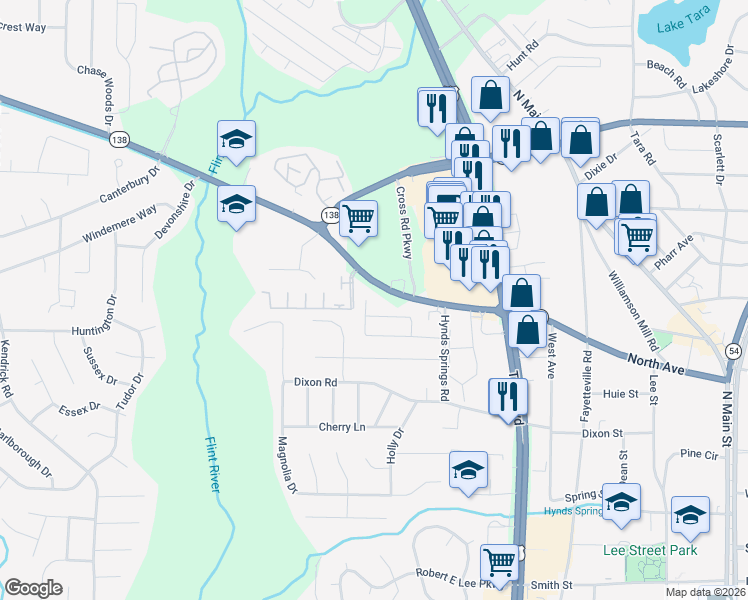 map of restaurants, bars, coffee shops, grocery stores, and more near 8106 Wynfield Drive in Jonesboro