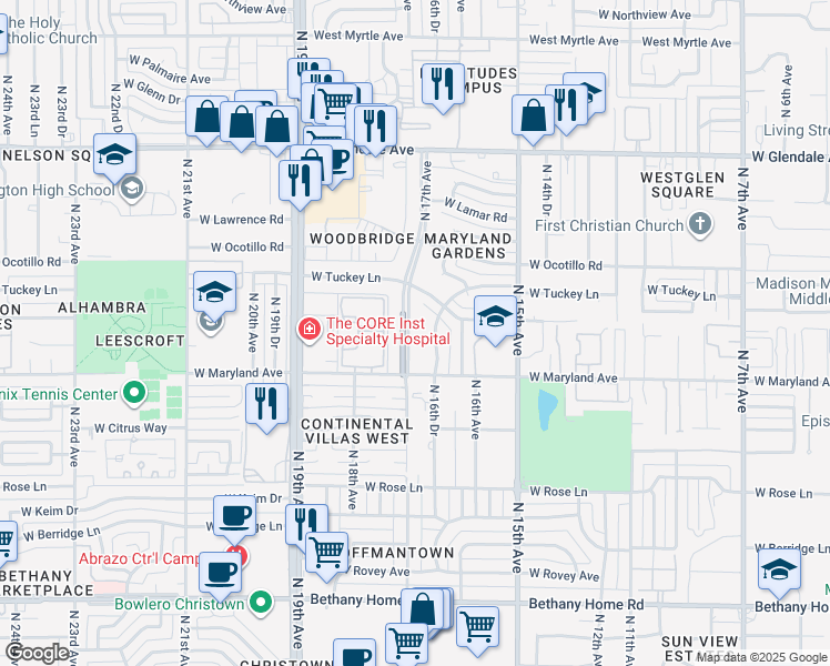 map of restaurants, bars, coffee shops, grocery stores, and more near 6535 North 17th Avenue in Phoenix