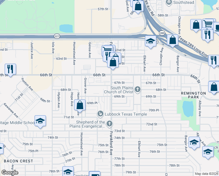 map of restaurants, bars, coffee shops, grocery stores, and more near 6806 Frankford Avenue in Lubbock