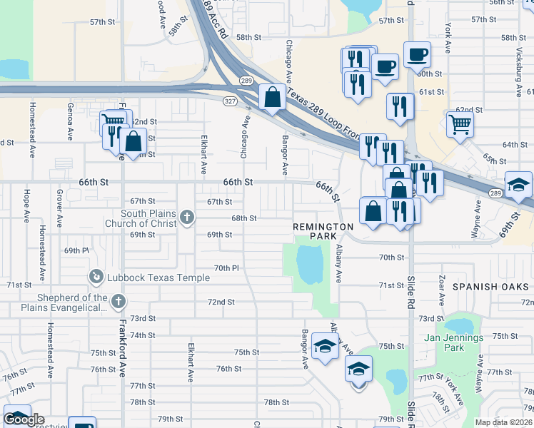 map of restaurants, bars, coffee shops, grocery stores, and more near 5414 68th Street in Lubbock