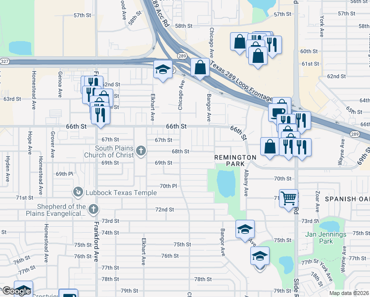map of restaurants, bars, coffee shops, grocery stores, and more near 6700-6798 Chicago Avenue in Lubbock