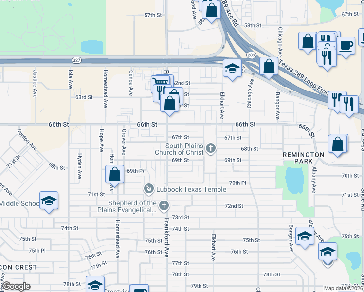 map of restaurants, bars, coffee shops, grocery stores, and more near 5726 68th Street in Lubbock