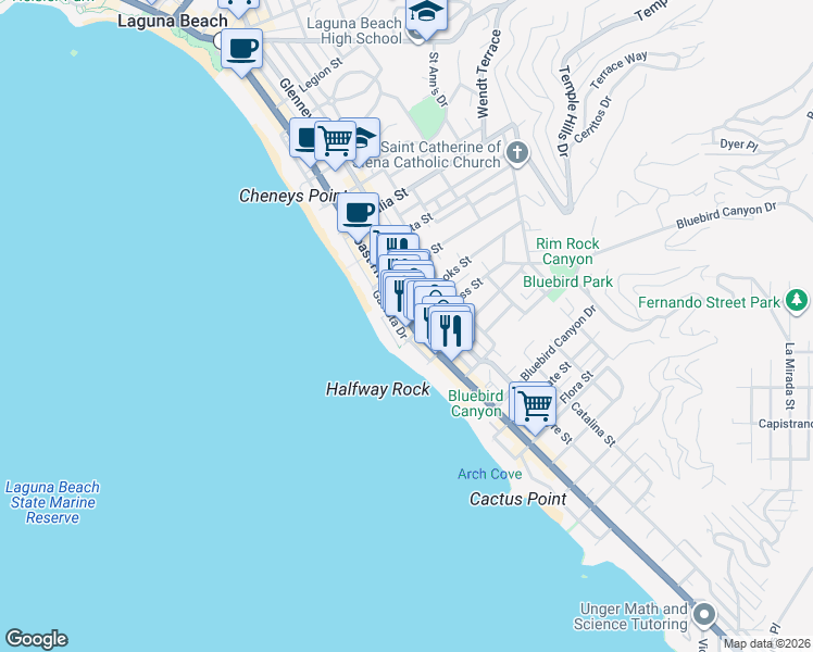 map of restaurants, bars, coffee shops, grocery stores, and more near 1316 South Coast Highway in Laguna Beach