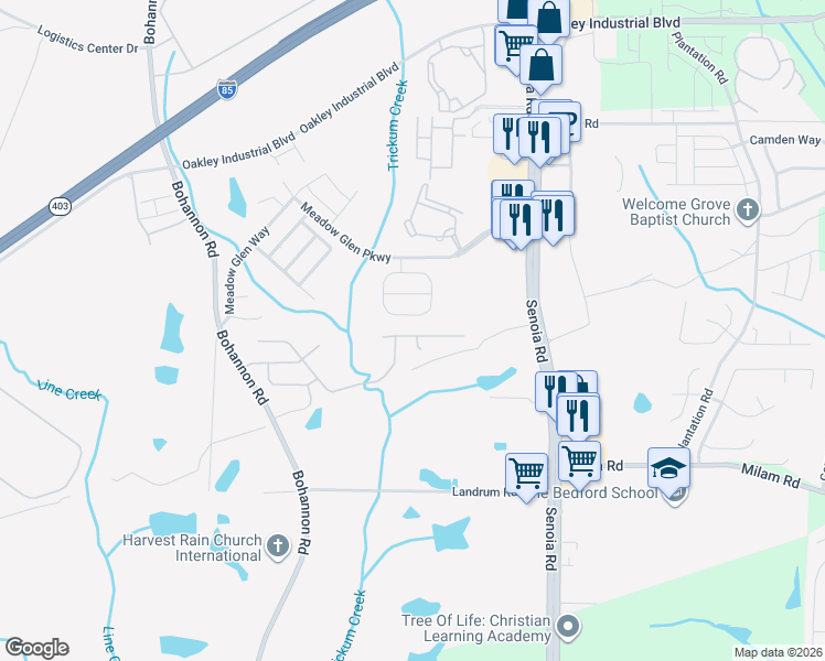 map of restaurants, bars, coffee shops, grocery stores, and more near 5921 Bluegross View in Fairburn