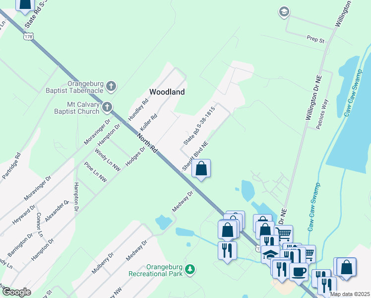 map of restaurants, bars, coffee shops, grocery stores, and more near 3144 Mike Drive in Orangeburg