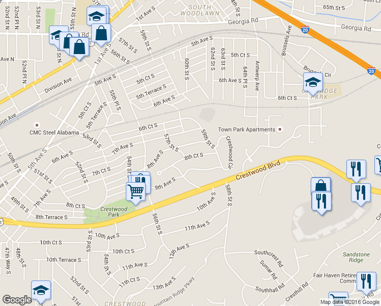 map of restaurants, bars, coffee shops, grocery stores, and more near 5704 8th Court South in Birmingham