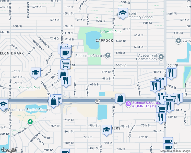 map of restaurants, bars, coffee shops, grocery stores, and more near 3020 68th Street in Lubbock