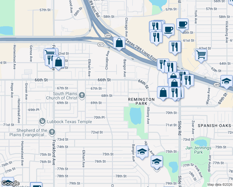 map of restaurants, bars, coffee shops, grocery stores, and more near 5414 68th Street in Lubbock