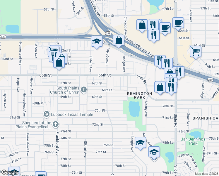 map of restaurants, bars, coffee shops, grocery stores, and more near 6700-6798 Chicago Avenue in Lubbock