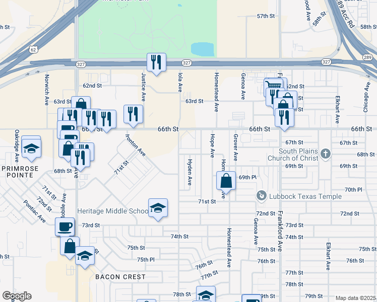 map of restaurants, bars, coffee shops, grocery stores, and more near 6030 68th Street in Lubbock