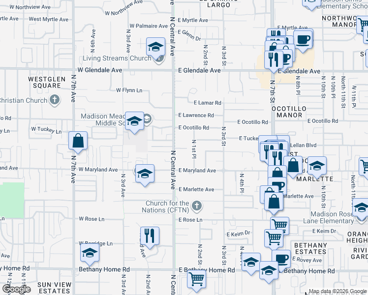 map of restaurants, bars, coffee shops, grocery stores, and more near 6543 North Central Avenue in Phoenix