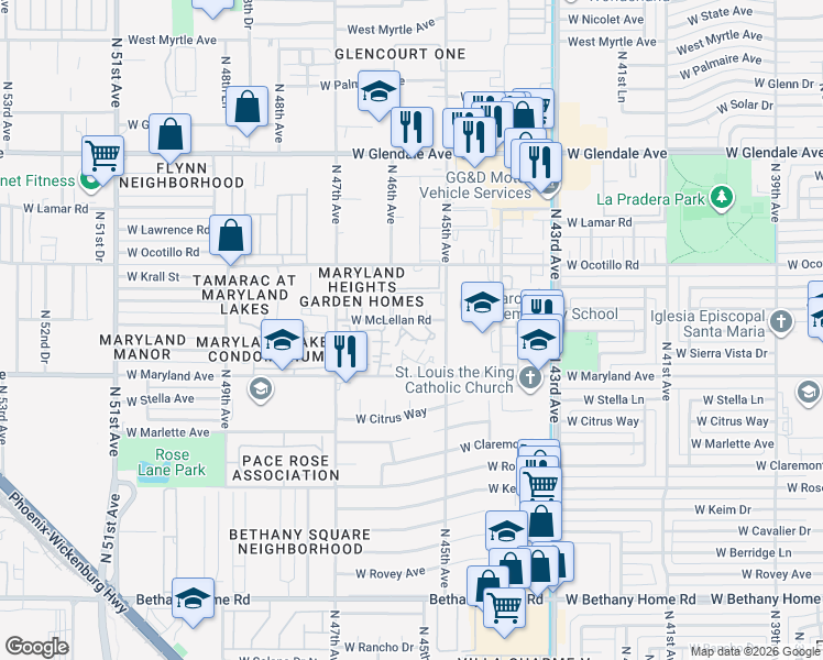 map of restaurants, bars, coffee shops, grocery stores, and more near 4529 West McLellan Road in Glendale