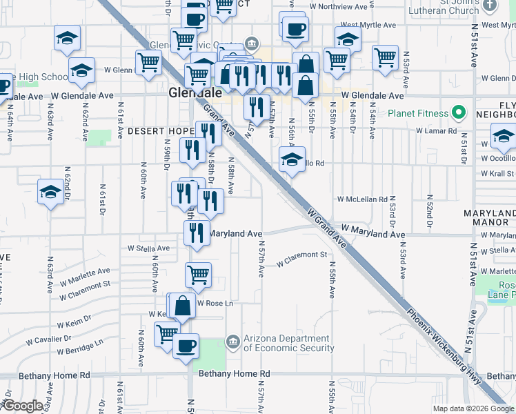 map of restaurants, bars, coffee shops, grocery stores, and more near 6534 North 57th Avenue in Glendale