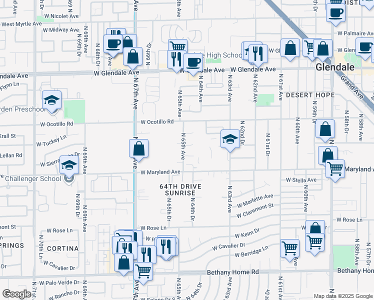map of restaurants, bars, coffee shops, grocery stores, and more near 6533 North 65th Avenue in Glendale