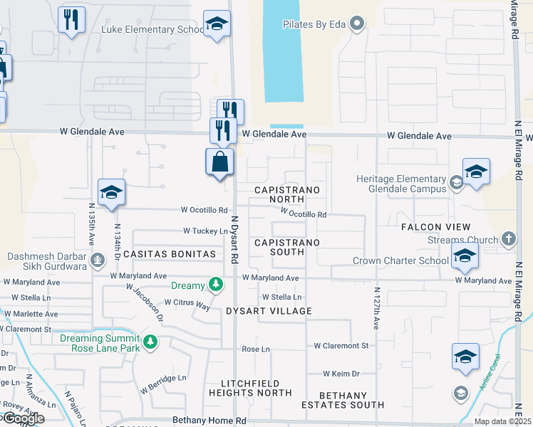map of restaurants, bars, coffee shops, grocery stores, and more near 12942 West Krall Court in Glendale