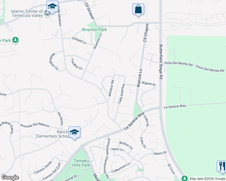 map of restaurants, bars, coffee shops, grocery stores, and more near 40564 Windsor Road in Temecula