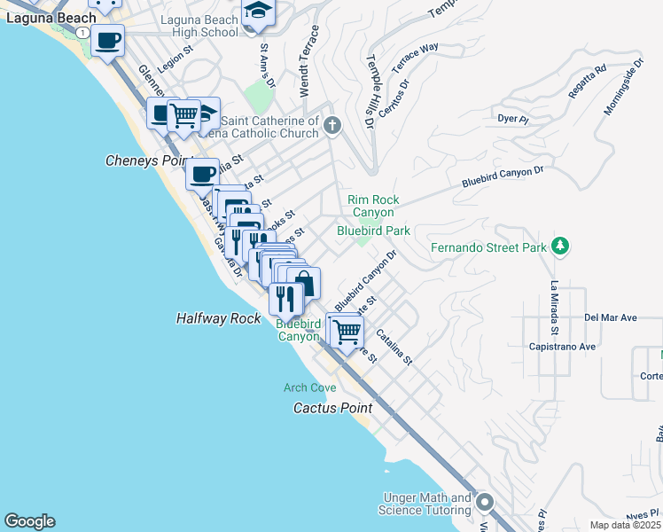 map of restaurants, bars, coffee shops, grocery stores, and more near 425 Shadow Lane in Laguna Beach