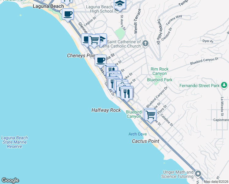 map of restaurants, bars, coffee shops, grocery stores, and more near 1316 South Coast Highway in Laguna Beach