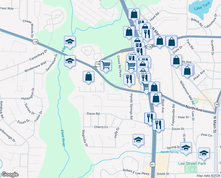 map of restaurants, bars, coffee shops, grocery stores, and more near 8106 Wynfield Drive in Jonesboro