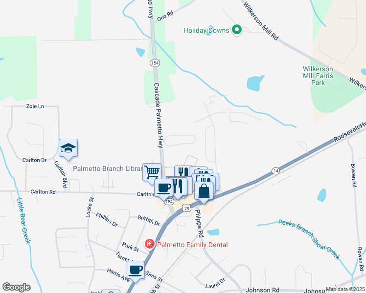 map of restaurants, bars, coffee shops, grocery stores, and more near 539 Magnolia Circle in Palmetto