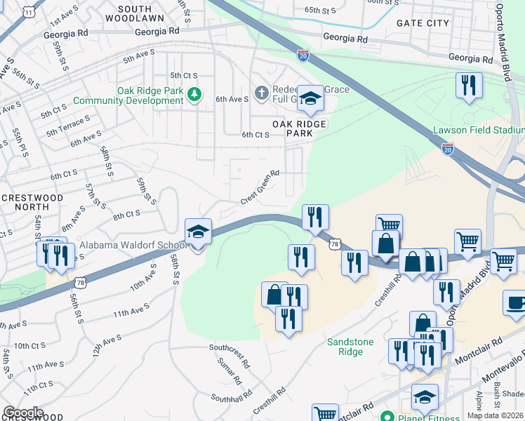 map of restaurants, bars, coffee shops, grocery stores, and more near 6321 Crest Green Road in Birmingham