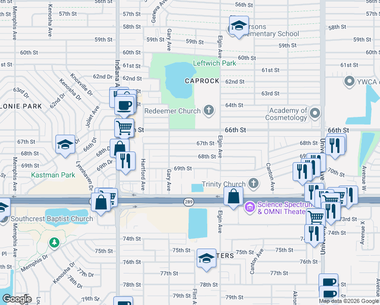 map of restaurants, bars, coffee shops, grocery stores, and more near 3020 68th Street in Lubbock