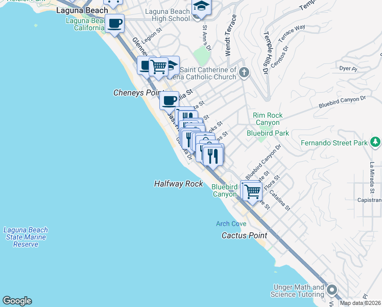 map of restaurants, bars, coffee shops, grocery stores, and more near 1257 South Coast Highway in Laguna Beach