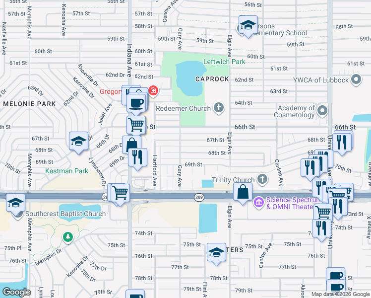 map of restaurants, bars, coffee shops, grocery stores, and more near 3030-3032 68th Street in Lubbock
