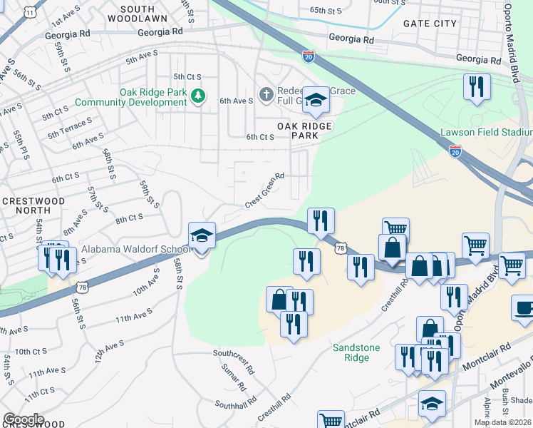 map of restaurants, bars, coffee shops, grocery stores, and more near 6321 Crest Green Road in Birmingham