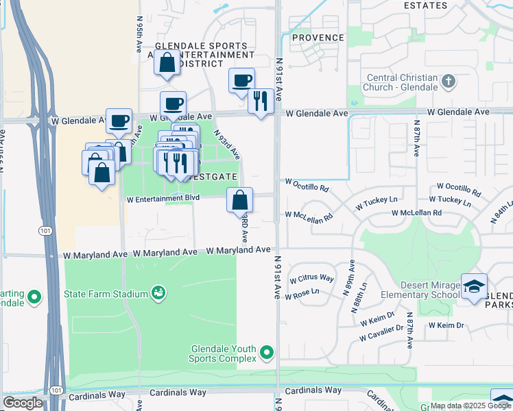 map of restaurants, bars, coffee shops, grocery stores, and more near 6605 North 93RD Avenue in Glendale