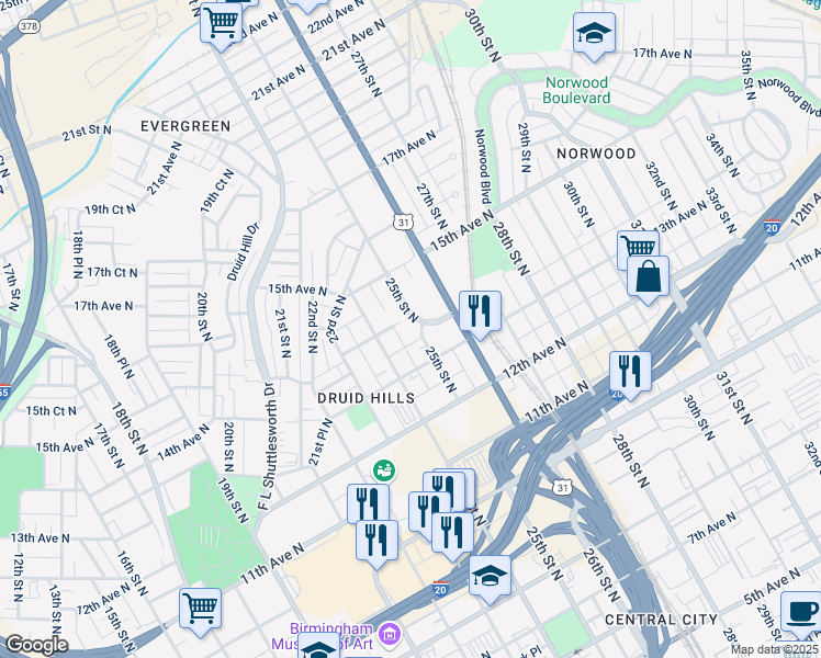 map of restaurants, bars, coffee shops, grocery stores, and more near 1326 25th Street North in Birmingham