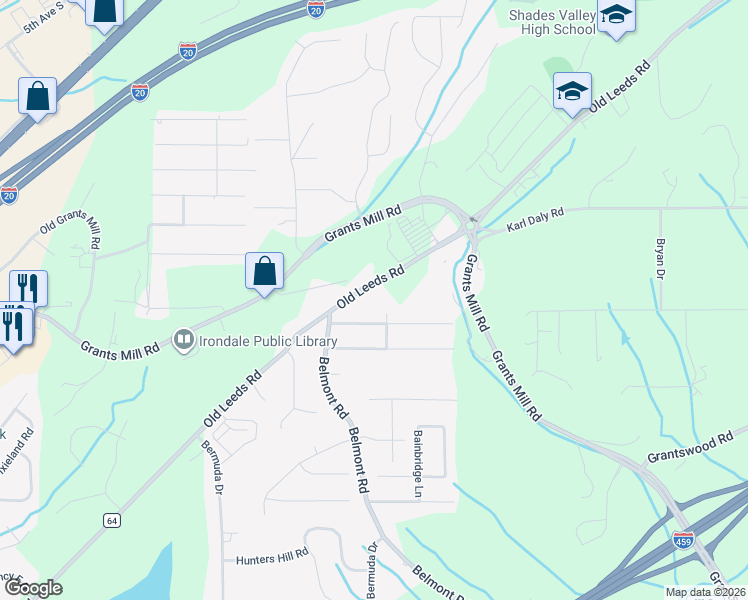 map of restaurants, bars, coffee shops, grocery stores, and more near 5801 Old Leeds Road in Birmingham