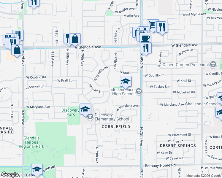 map of restaurants, bars, coffee shops, grocery stores, and more near 7784 West Krall Street in Glendale
