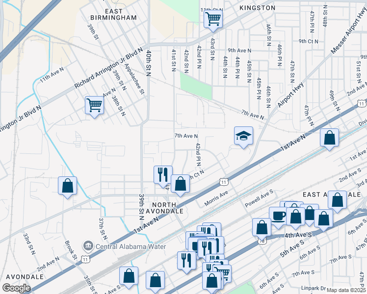 map of restaurants, bars, coffee shops, grocery stores, and more near 4108 6th Court North in Birmingham