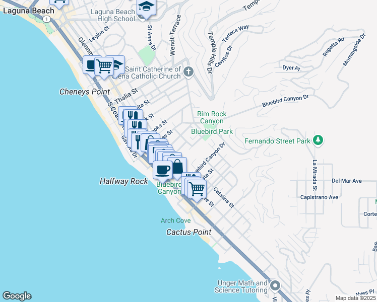 map of restaurants, bars, coffee shops, grocery stores, and more near 425 Shadow Lane in Laguna Beach