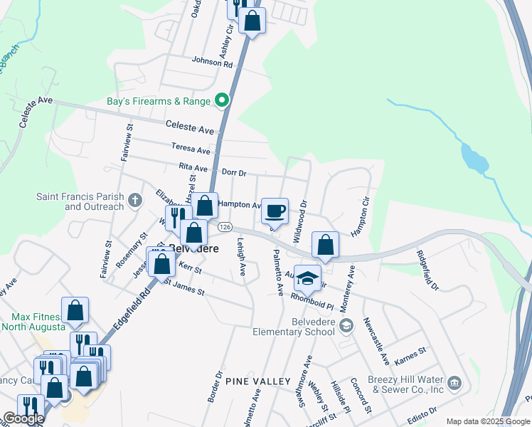 map of restaurants, bars, coffee shops, grocery stores, and more near 305 Hampton Avenue in North Augusta